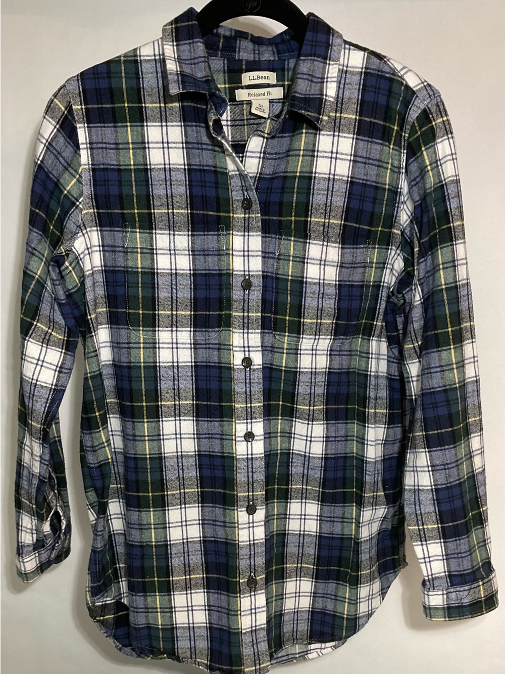 L.L. Bean Blue, Green and White Plaid Flannel Shirt